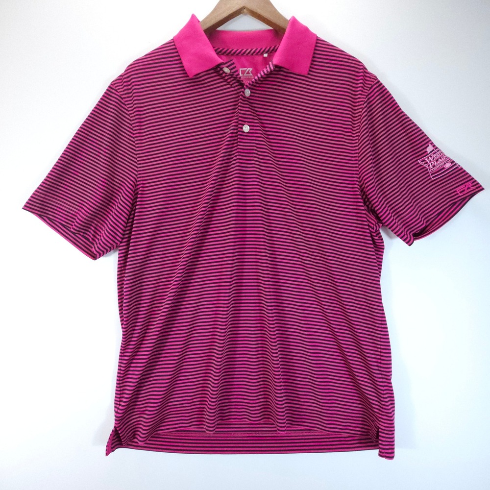 Streetwear Cutter Buck Polo Men Large Pink Black Striped‎ West Plains Golf Shirt